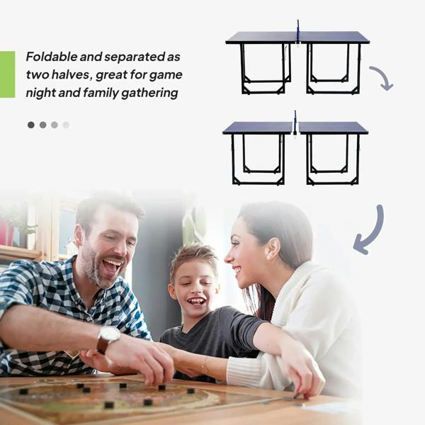 Table tennis table with blue top, center net, and foldable half-frame stand