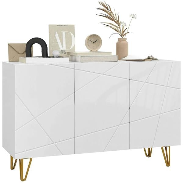 White high-gloss sideboard with geometric panel doors and gold hairpin legs