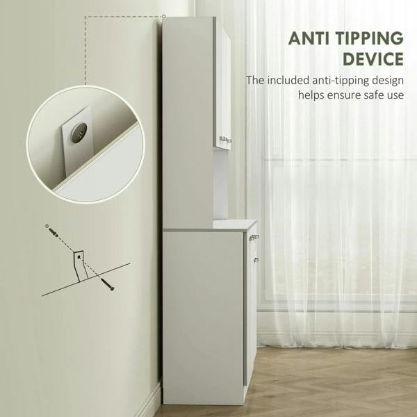 White cabinet with included anti-tip bracket near the corner base and doors