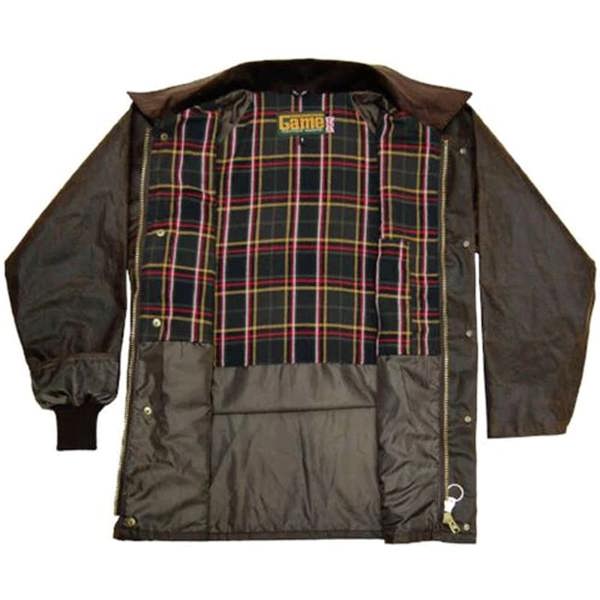 Game Barker wax jacket with tartan lining and terry cuffs
