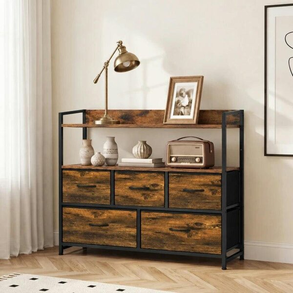 Chest of Drawers, Bedroom Fabric Dresser with 5 Drawers, Storage Organiser Unit with Open Shelves, Rustic Brown