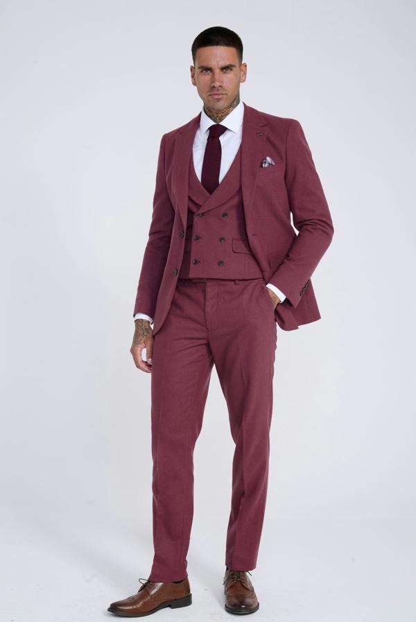 Harry Brown London Eton Wool Tweed Three Piece Slim Fit Suit in Winter Berry