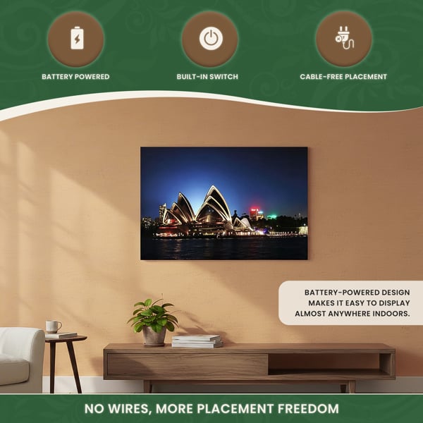 Sydney Opera House Print LED Canvas, 60 x 40 cm, Stretched Wooden Frame, 8 LED Lights, Battery Powered with Switch