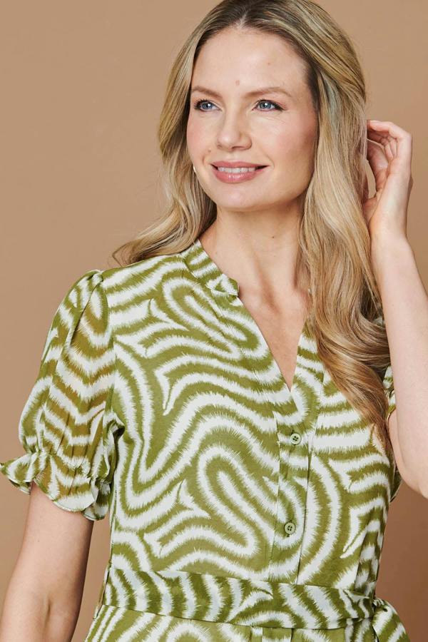 Green | Printed Short Sleeve Midi Shirt Dress