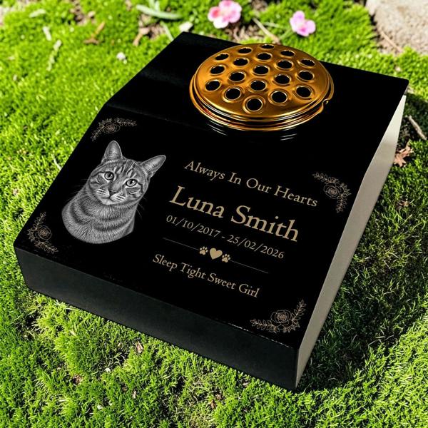 Memorials Direct Cat Memorial Granite Photo Desk - Floral Design