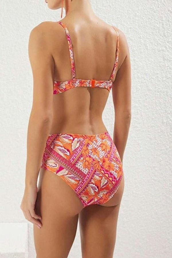 WOVCOR Shawl Pattern Stone Print Balconette Padded Hipster High Waist Bikini Set