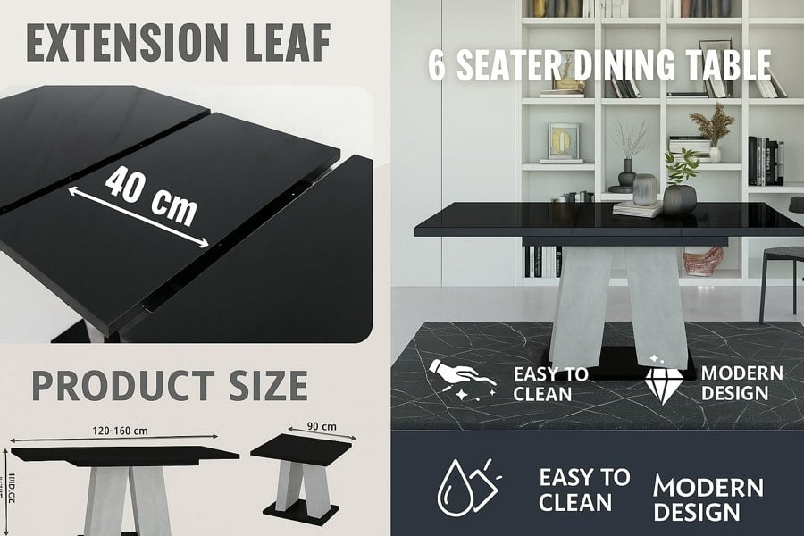 PHD Furniture Modern Extendable Dining Table 120-160x90 MUFO Black Gloss Concrete Effect