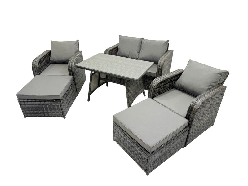 Fimous 6 Seater Garden Outdoor Rattan Furniture Set Rattan Sofa Oblong Dining Table with 2 Big Stools Dark Grey