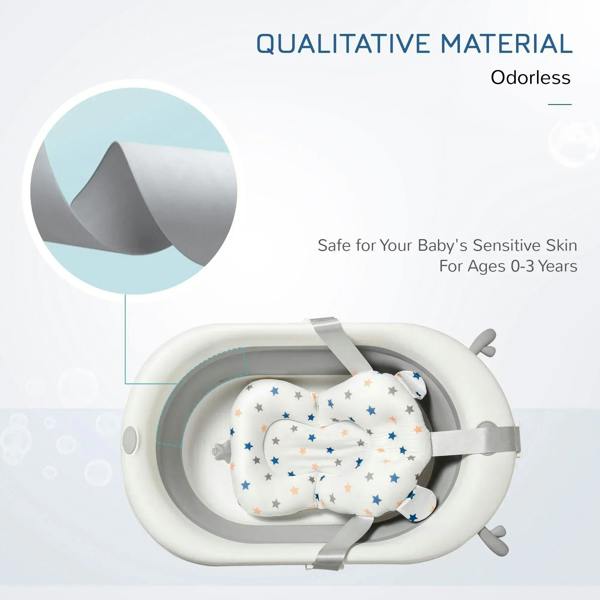 Off-white foldable baby bathtub with gray rim and star-print reclining cushion pad