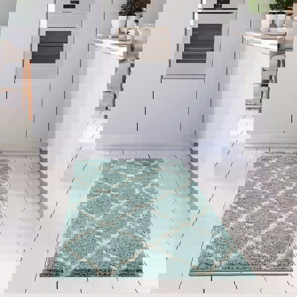 Moroccan Design Thick Shaggy Area Rugs Duck Egg Blue