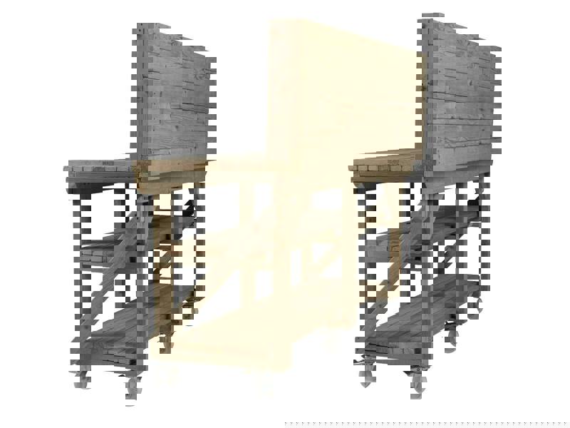 Indoor/Outdoor Pressure-Treated Double Shelf with back panel and wheels Workbench, a robust and versatile solution for all your workspace needs. Handcrafted in the UK, this workbench is constructed from high-quality, pressure-treated timber, ensuring durability and resistance to the elements, making it suitable for both indoor and outdoor use.