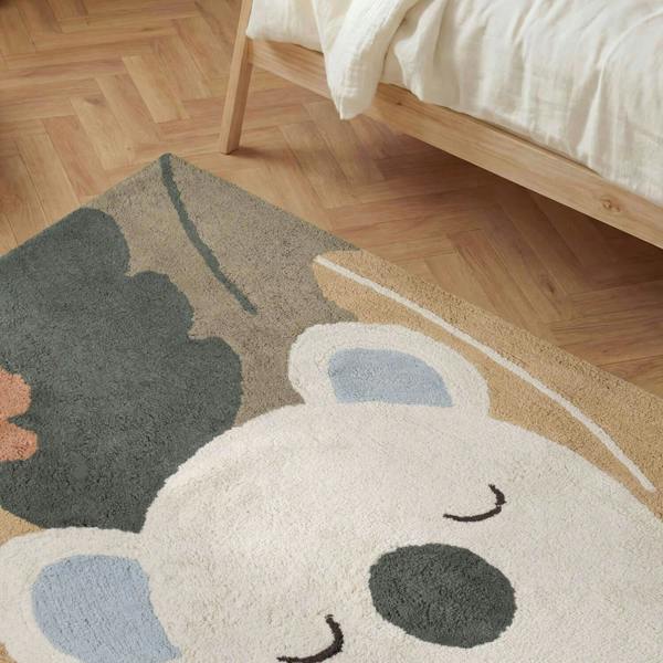 Children's rug with a bear design on a wooden floor