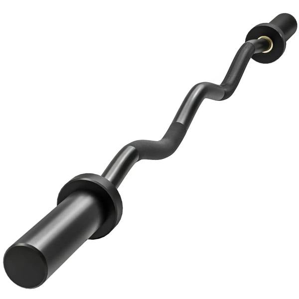 Black EZ curl barbell with wavy non-slip grip and 2-inch plate sleeves