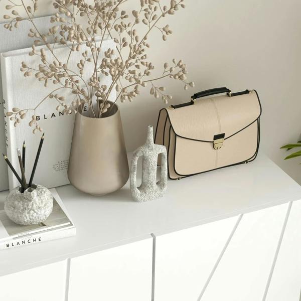White shoe cabinet with top surface decor and two front doors