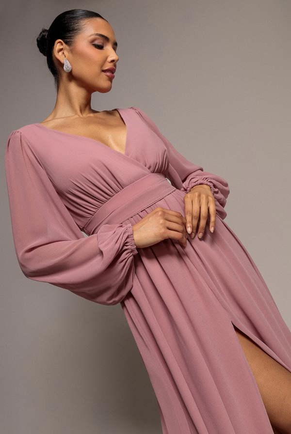 Wrap Back With Front Slit Chiffon Maxi Dress - Lilac DR2800