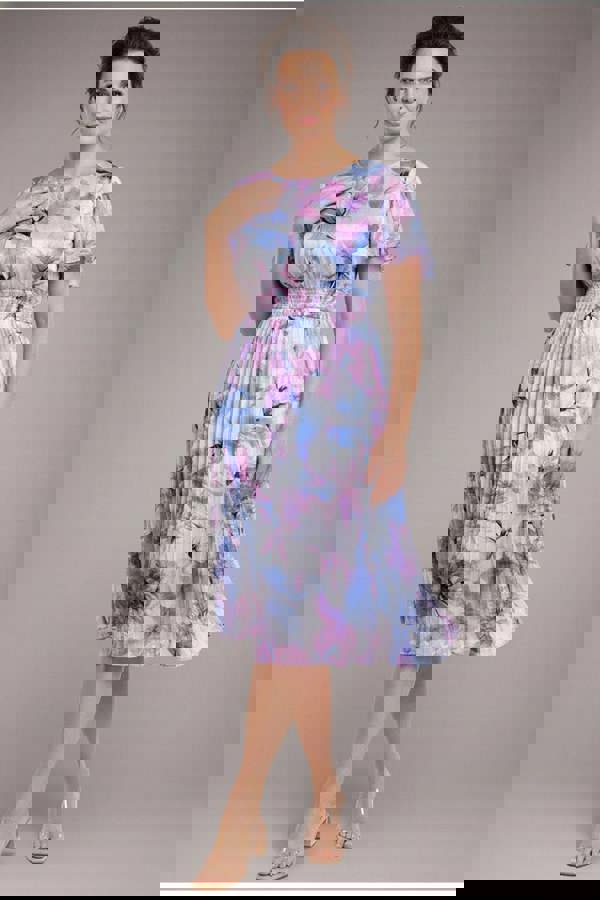 Flutter Sleeve Pleated Skirt Floral Midi Dress - Blue DR4565M