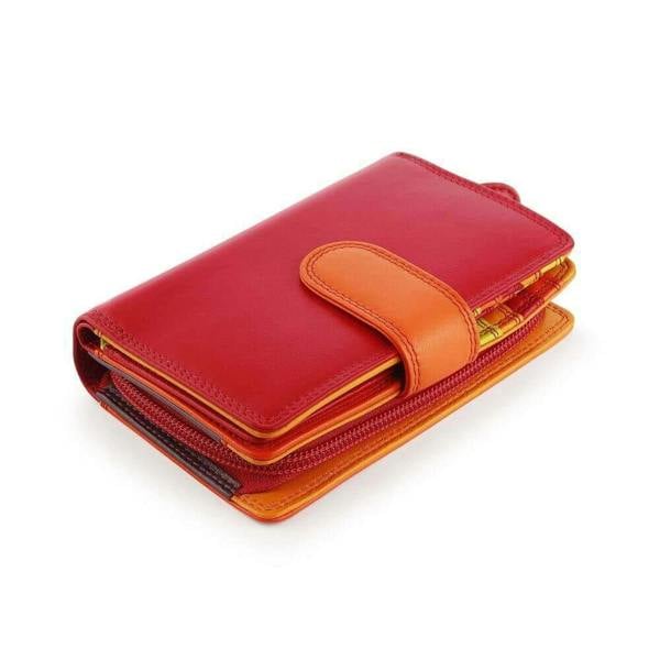 Top view of Red wallet with an orange strap against a white background