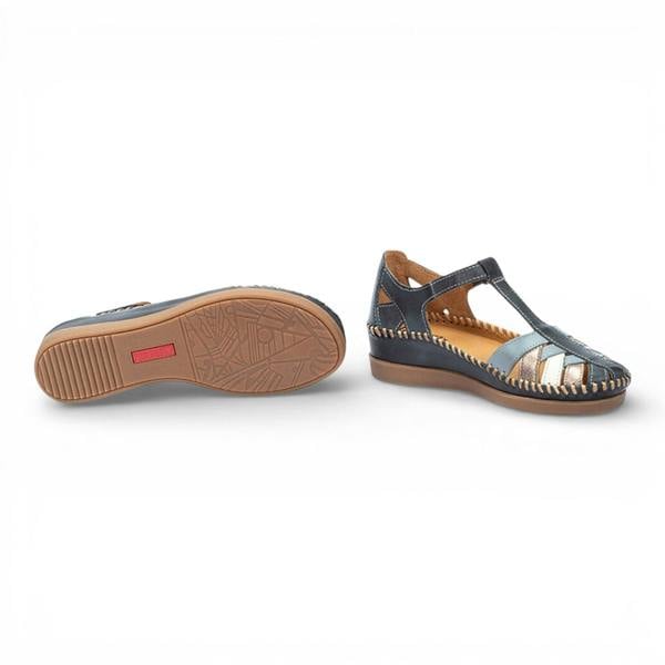Pikolinos Women's Ocean Blue Leather Semi-Open Wedge Sandal Shoes - Cadaques