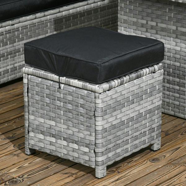 Grey rattan footstool/ottoman with black cushion on woven wicker frame
