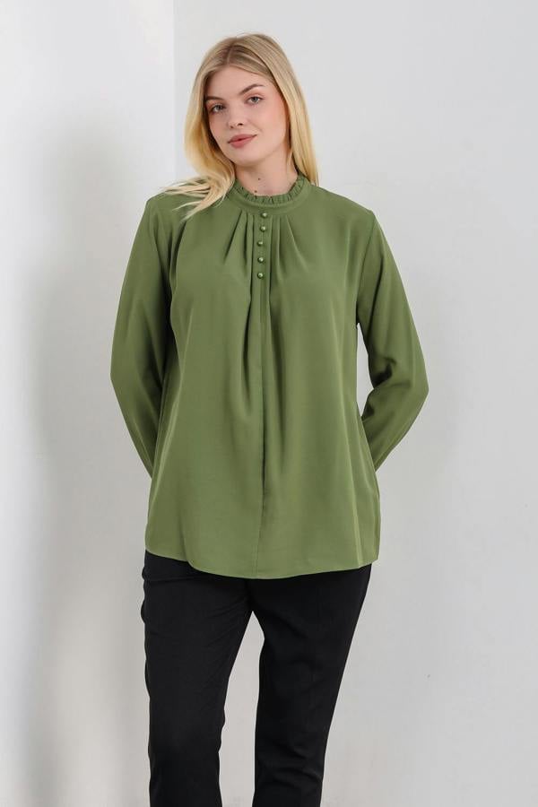 Hoxton Gal Oversized Ruffle Neck Top with Long Sleeves in Khaki