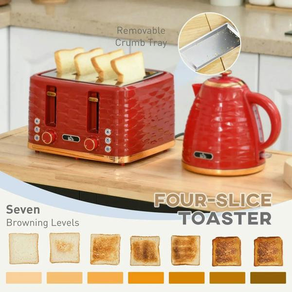 Red 4-slice toaster with removable crumb tray and red kettle on a wooden board