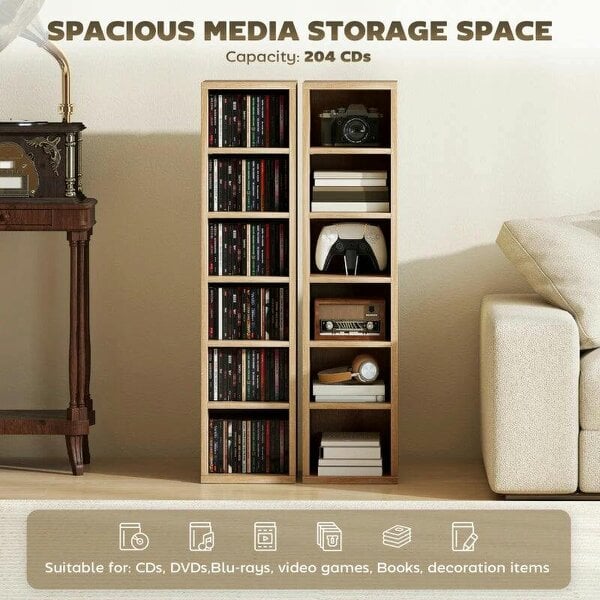 Bobobiy Set of 2 CD Media Display Shelf Unit Tower Rack with Adjustable Shelves, Oak