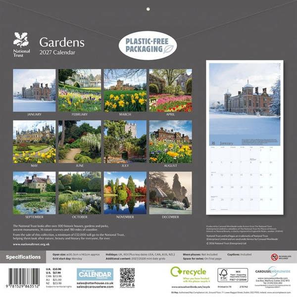 National Trust, Gardens Calendar 2027, Wall Calendars, Month To View, Lifestyle, Gift