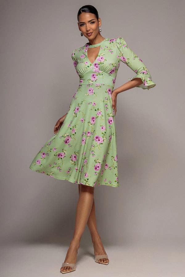 Floral Printed Flared Sleeve Midi - Sage Green DR4345