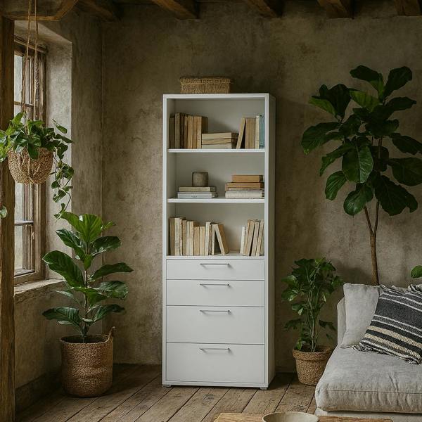 Wyld Haus Dris White Wooden Bookcase 2 Shelves 4 Drawers