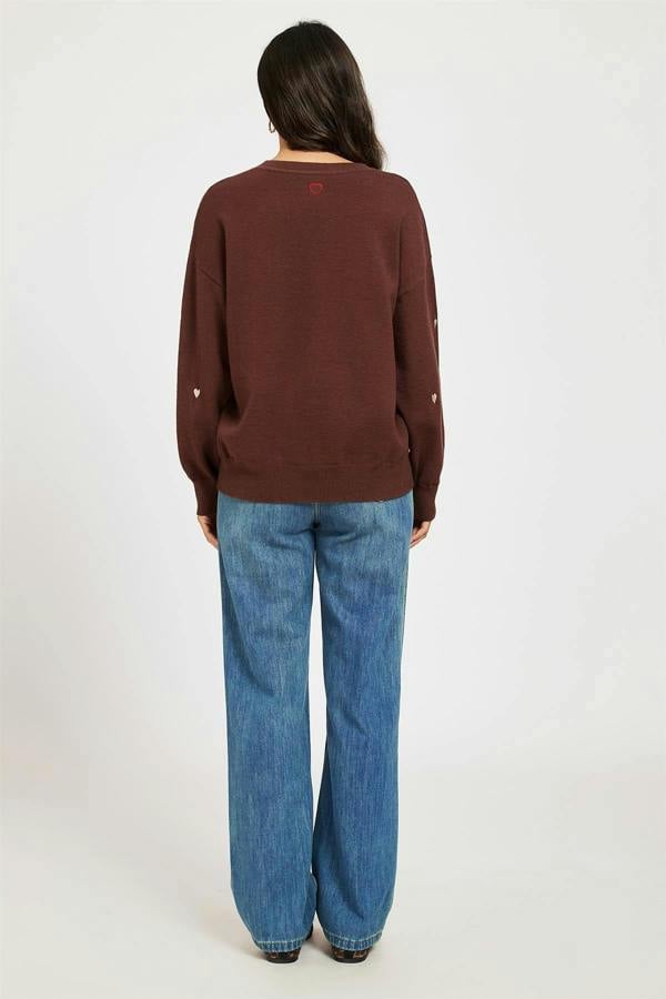 FS Collection Embroidery Cream Heart V Neck Jumper In Brown