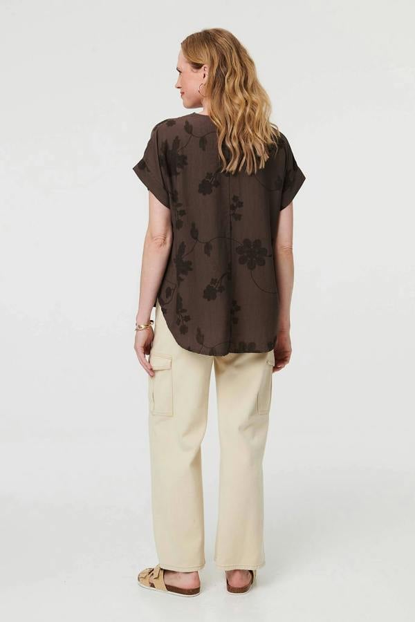 Brown | Floral Embroidered V-Neck Relaxed Blouse