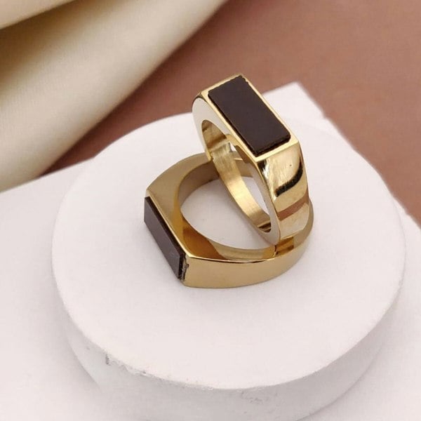 The Colourful Aura Flat Top Rectangle Thin Black Signet Solid Brass 18ct Gold Ring