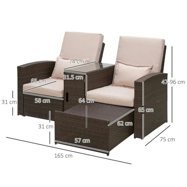 Brown rattan 2-seat sofa lounger set with two armchairs and beige seat cushions