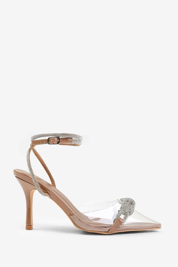 Where's That From Julia Wide Fit Perspex Heel With Embellished Detail and Diamante Cross Strap in Mocha Patent