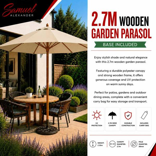 Samuel Alexander 2.7m Outdoor Wooden Garden Parasol Sun Shade with Carry Bag in Cream with 9kg Base Included