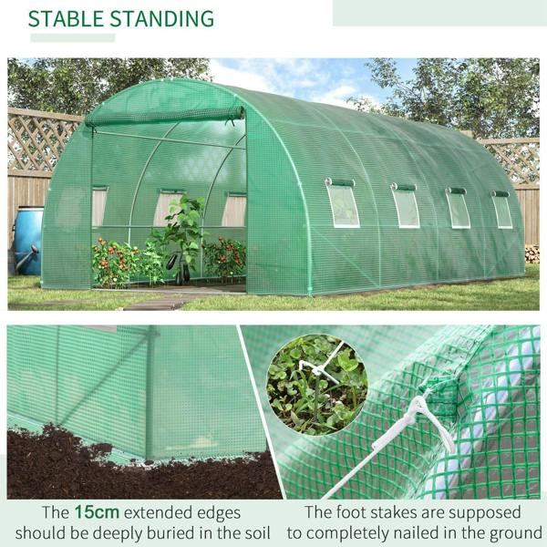 Green walk-in greenhouse tunnel with open front door and multiple ventilation window panels