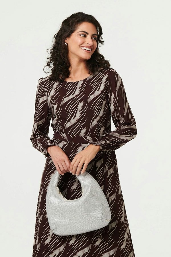 Brown | Printed Tie Waist Semi Sheer Maxi Dress

