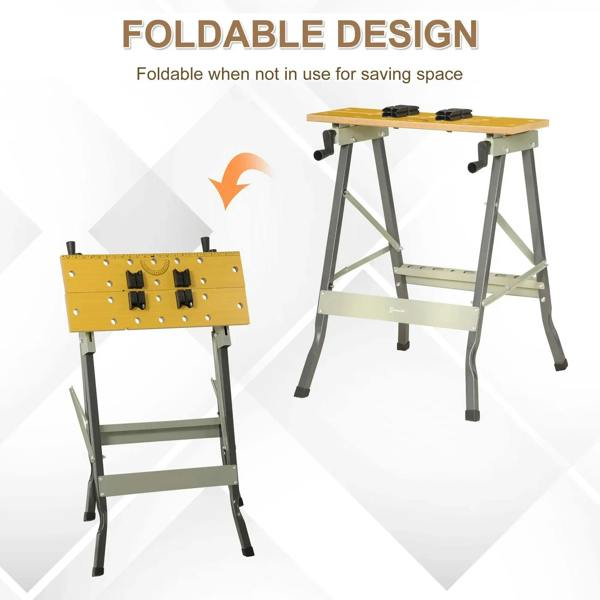 Foldable work bench clamp table with yellow top, black swivel pegs, and gray support frame