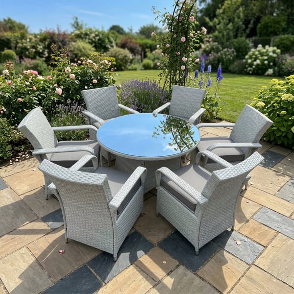 Fimous Rattan Garden Furniture Set with 1 Big Round Coffee Table & 6 Seater Chairs Light Grey Mixed
