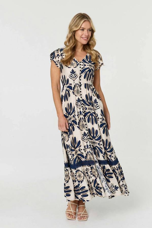 Navy | Printed Lace Trim Cap Sleeved Maxi Dress