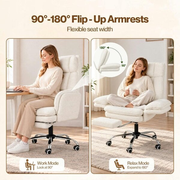 Levede Ergonomic Office Chair Teddy Fabric with Reclining Footrest Gaming White