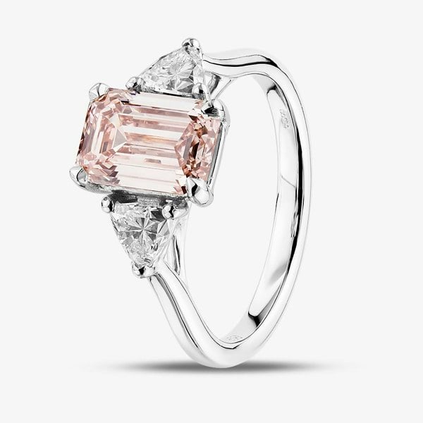 T. H. Baker Platinum Certified 2.72ct Pink Emerald Cut Lab Grown Diamond Trilogy Ring HLM516-3SEC08