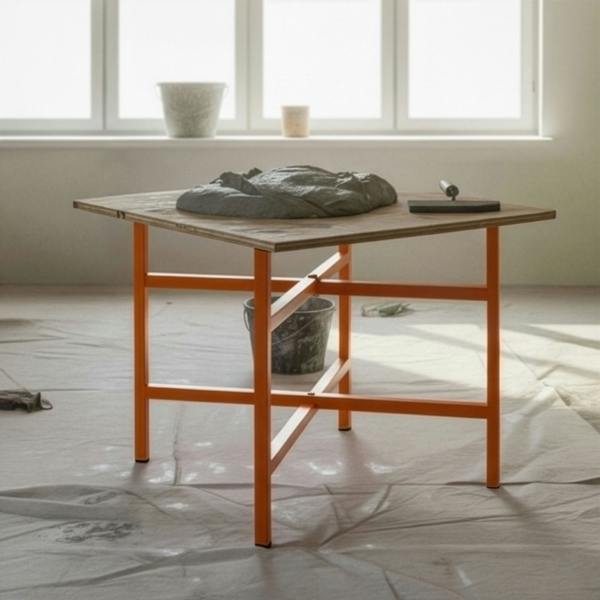 Mortar board stand with a wooden top and bright orange metal legs, set in a well-lit room with a textured floor and tools nearby