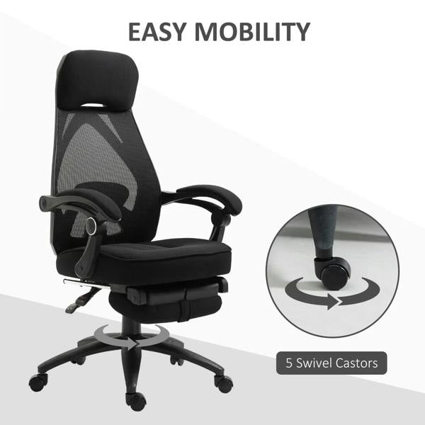 Black swivel office chair with footrest and 5 swivel casters