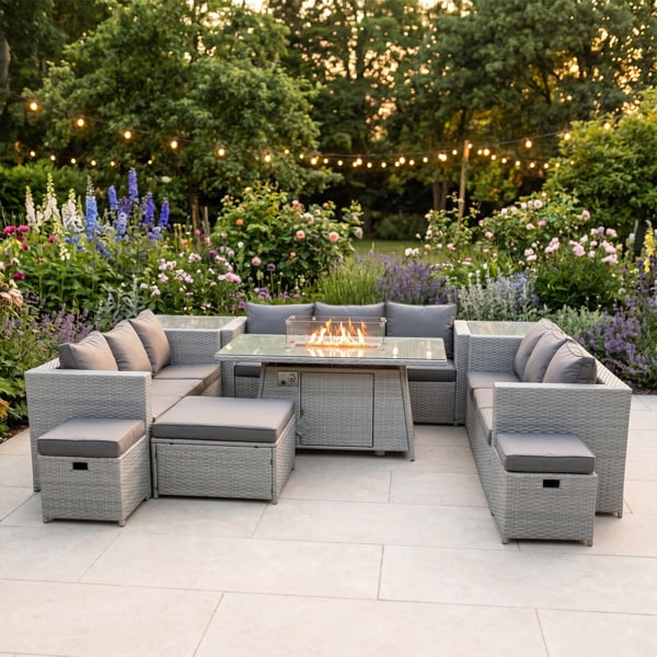Fimous 12 Seater Rattan Garden Furniture Set with Fire Pit Dining Table, 3 Sofas, 2 Side Tables & 3 Footstools - Light Grey