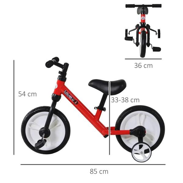 Red kids balance bike with seat height and wheel size measurements