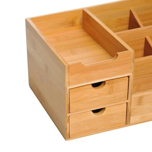 Bamboo desk organizer caddy close-up of top tray and two drawer fronts