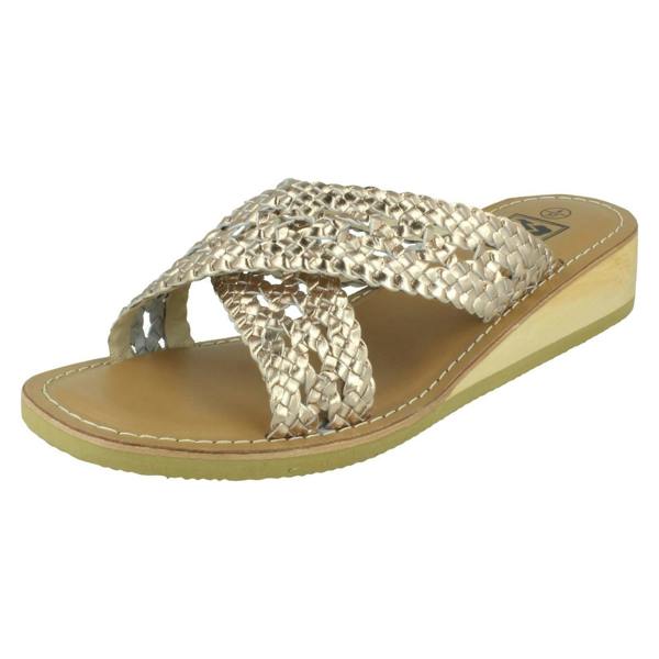 Down to Earth Ladies Down To Earth Low Wedge Leather X Strap Mule Sandal F00430