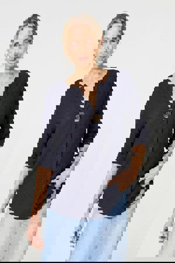 Navy | Button Detail 1/2 Sleeve V-Neck Blouse
