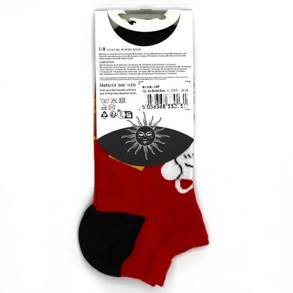 Red low bamboo socks with black toe/heel, black emblem with rays and rabbit-ear graphic